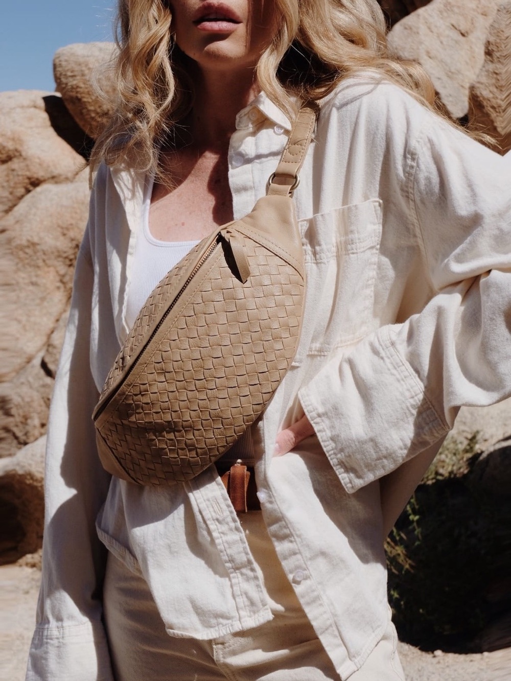 MANDRN Woven Atlas Leather Crossbody Fanny Pack Set with Rover Pouch - Sand